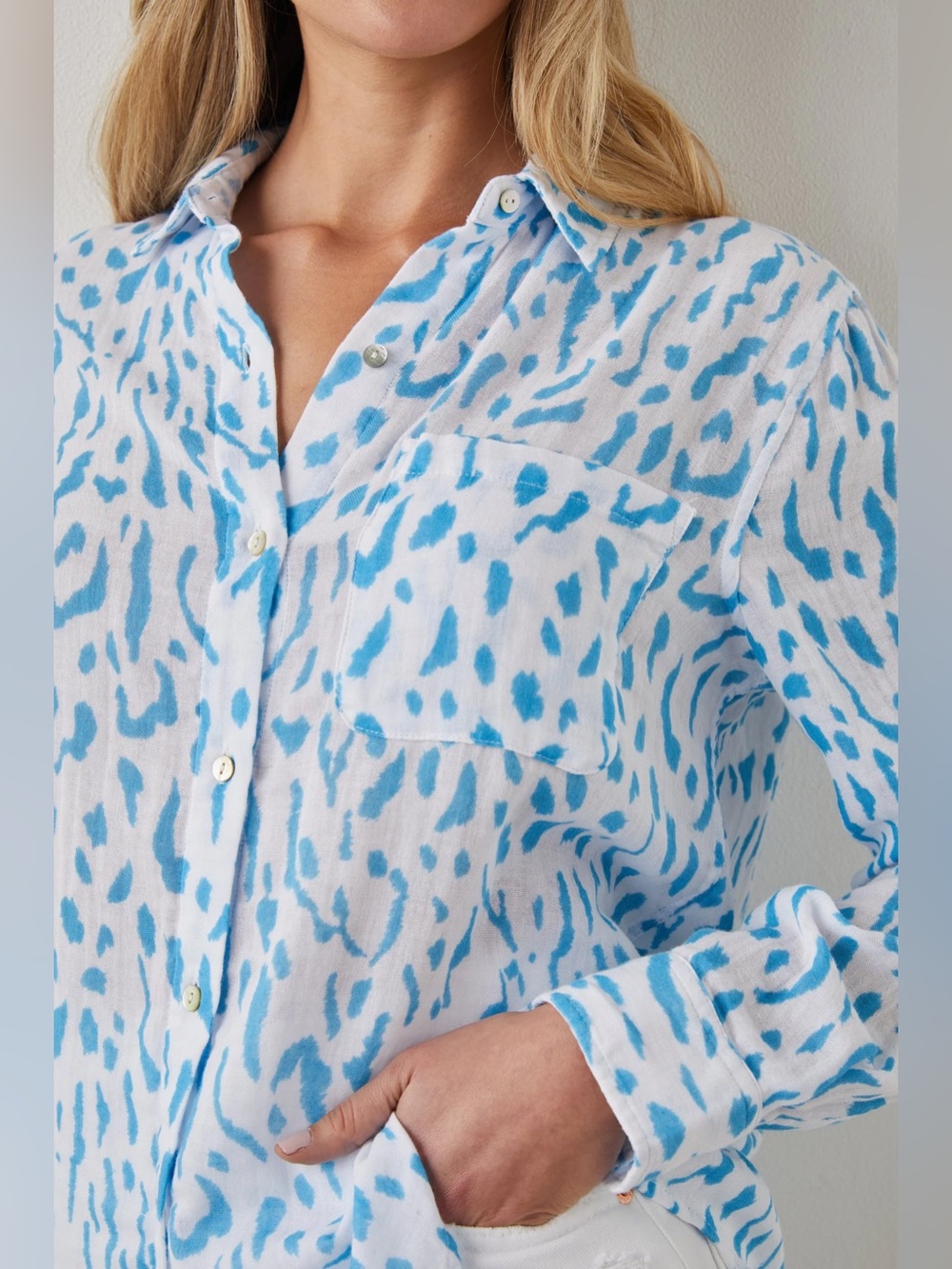 Rails Ellis Teal Cheetah Gauze Crinkle Long Sleeve Button Up Shirt Size XL - Picture 11 of 11